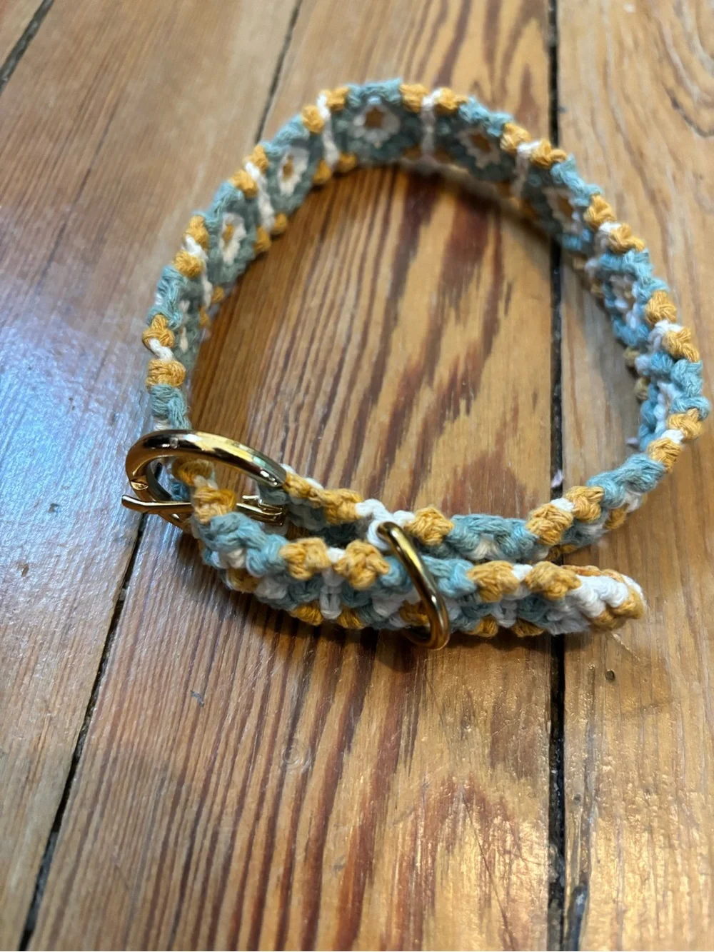 Handmade Macrame Dog Collar, Gold Hardware - Yellow & Light Blue with Daisies